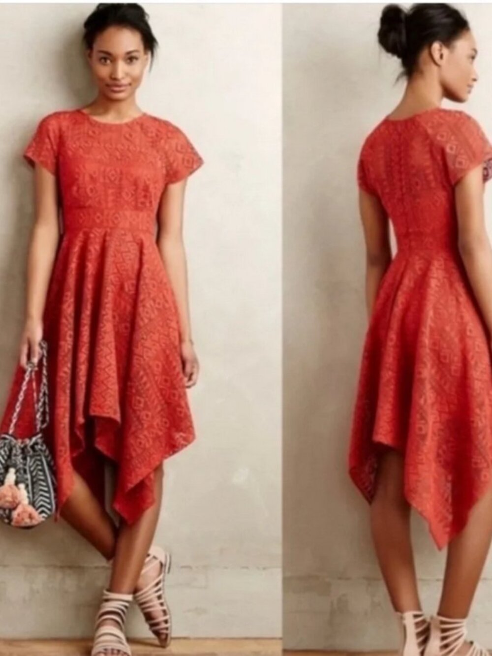 Anthropologie Maeve Orange Lace Dress Handkerchief Hem Sz 4